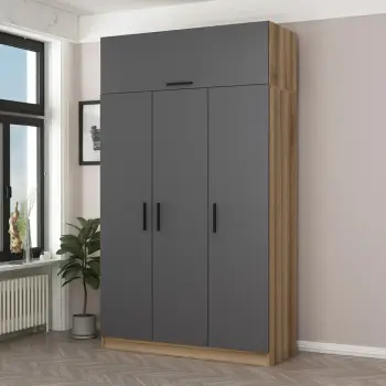 Dollap garderobe Skye Decor, 3 dyer, 2 sirtarë, 255cm, antracit-dore