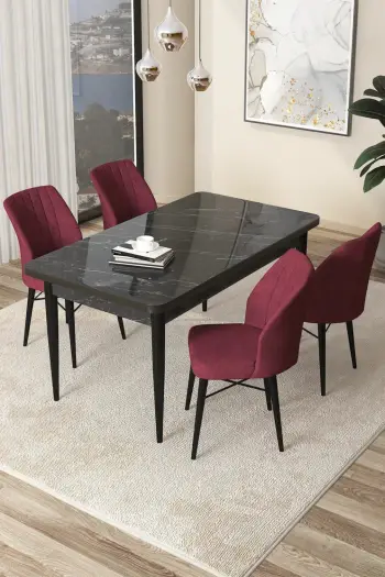 Tavolinë me karrige, 5 copë, Skye Decor, mermer i zi, karrige burgundy