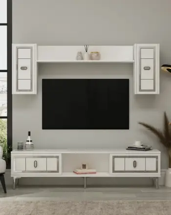 Komodë TV Skye Decor, e bardhë, argjend