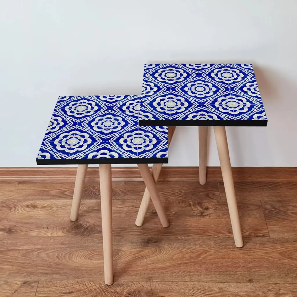 Set tavolinash ndihmëse, dy copë, ngjyrë kaltër e bardhë, Skye Decor, 2Shp45 - 1