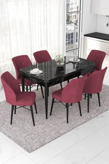 Set tavoline me karrige, e zgjatshme, 7 pjesë, Skye Decor, mermer i zi, burgundy