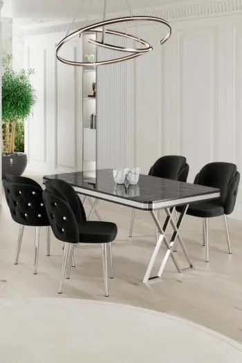Tavolinë me karrige, 5 copë, Skye Decor Rigel, mermer i zi, krom, e zezë