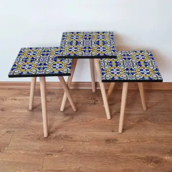 Set tavolinash ndihmëse, 3 copë, Skye Decor, 3Shp47, ngjyrë kaltër e errët, e bardhë, e verdhë