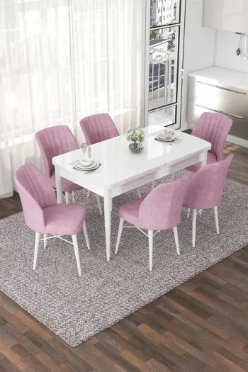 Tavolinë me karrige, zgjatshme, 7 copë, Skye Decor, e bardhë, rozë