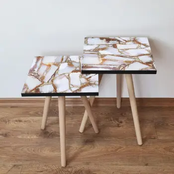 Set tavolinash ndihmëse, dy copë, ngjyrë kafe, e bardhë dhe ari, Skye Decor, 2Shp262