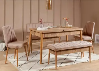 Tavolinë me karrige të zgjatshme, 5 pjesë, Skye Decor, ngjyrë pishë Atlantike dhe gur