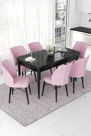 Tavolinë me karrige, zgjatshme, 7 copë, ngjyrë mermeri të zi dhe rozë, Skye Decor