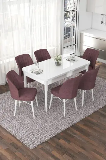 Tavolinë me karrige, zgjatshme, 7 copë, Skye Decor, e bardhë dhe rozë e zbehtë