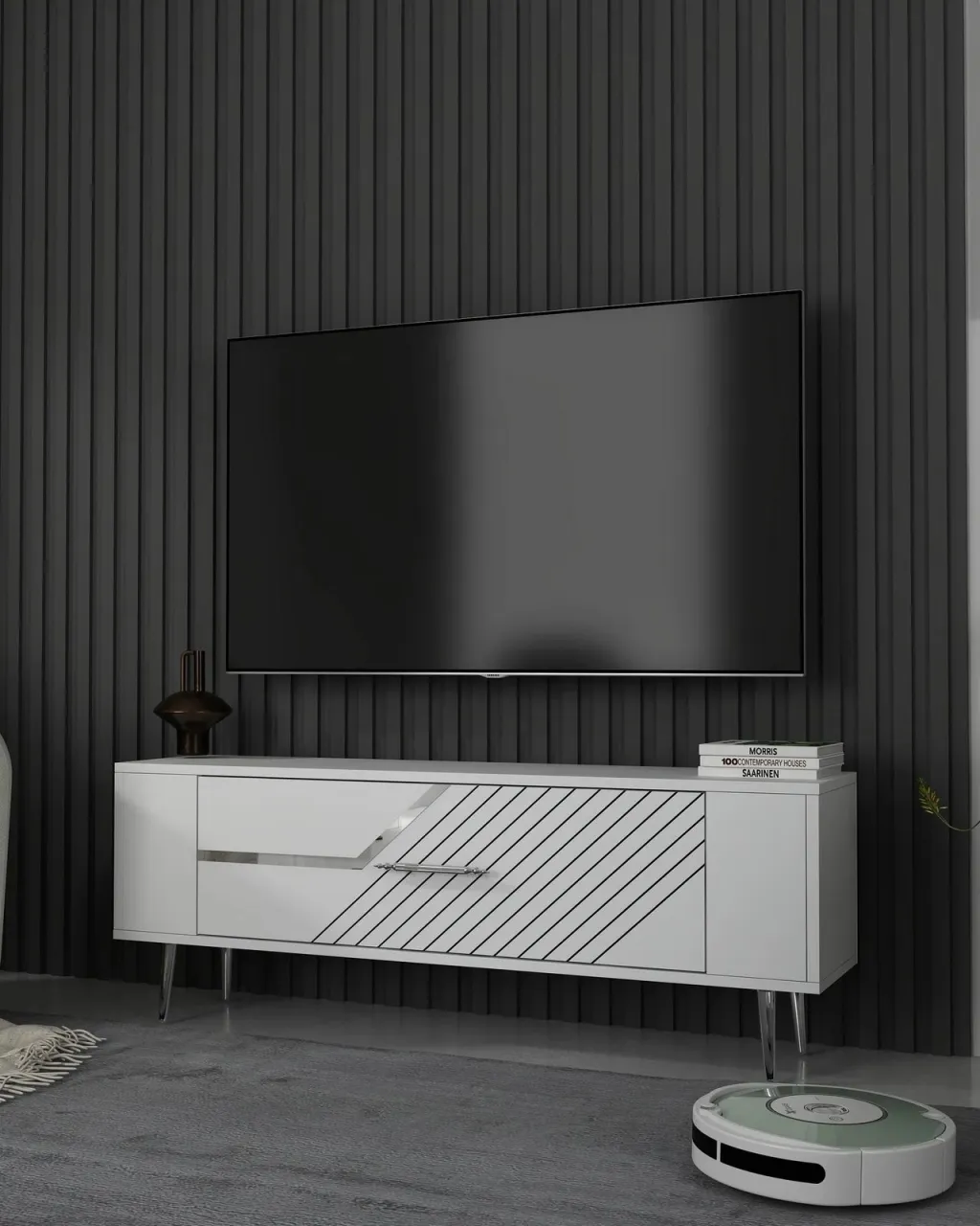 Komodë TV moderne, ngjyrë e bardhë dhe argjendtë, Skye Decor Retrolp5 - 2