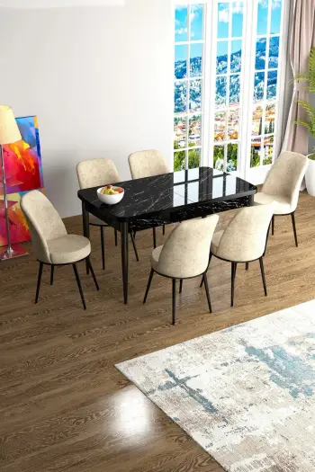 Tavolinë me karrige për ngrënie, e zgjatshme, 7 copë, Skye Decor, Han, mermer i zi, krem