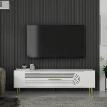 Komodë TV, ngjyrë e bardhë dhe ari, Skye Decor, Retrol3