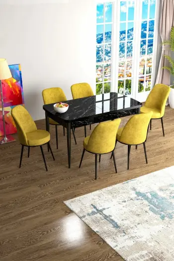 Tavolinë me karrige për ngrënie, e zgjatshme, 7 copë, Skye Decor, Han, mermer i zi, mustard