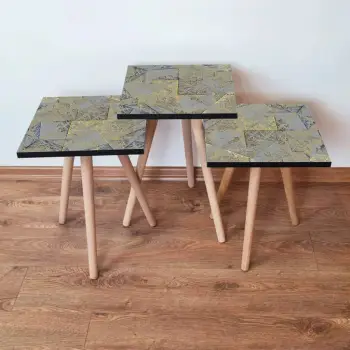 Set tavolinash ndihmëse, 3 copë, ngjyrë gri, ari, bezhë, Skye Decor, 3Shp225