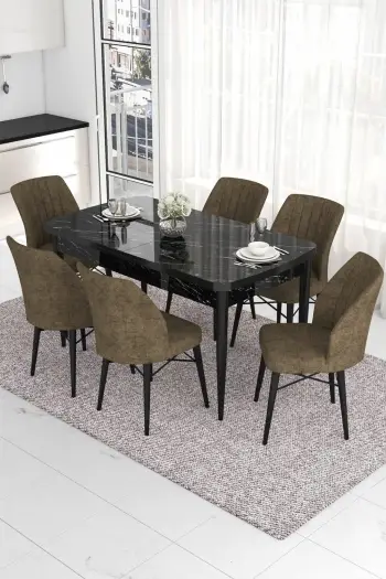 Tavolinë me karrige, zgjatshme, 7 copë, Skye Decor, Eva, mermer i zi, kafe