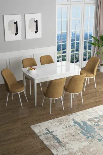 Set tavoline me karrige, e zgjatshme, 7 pjesë, Skye Decor, ngjyrë bardhë dhe kapuçino