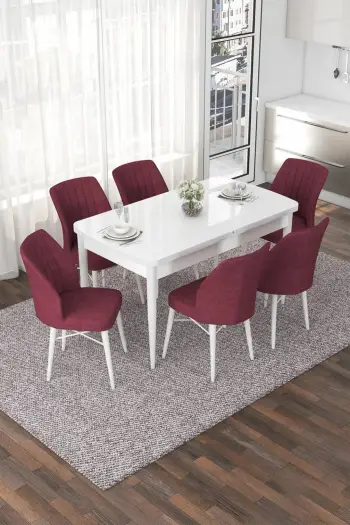 Set tavoline me karrige për ngrënie, e zgjatshme, 7 pjesë, Skye Decor, e bardhë dhe burgundy