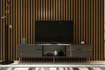 Komodë TV Skye Decor, ngjyrë antracit, detaje të arta