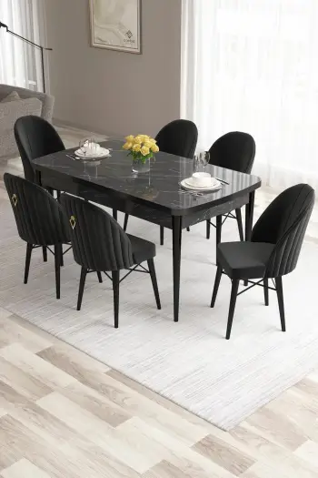 Set tavoline e zgjatshme me karrige (7 copë), Skye Decor, rozë - mermer i zi, e zezë