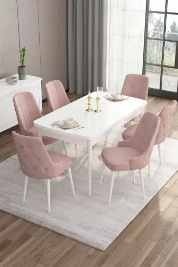 Tavolinë me karrige për ngrënie, e zgjatshme, 7 copë, Skye Decor, e bardhë, rozë