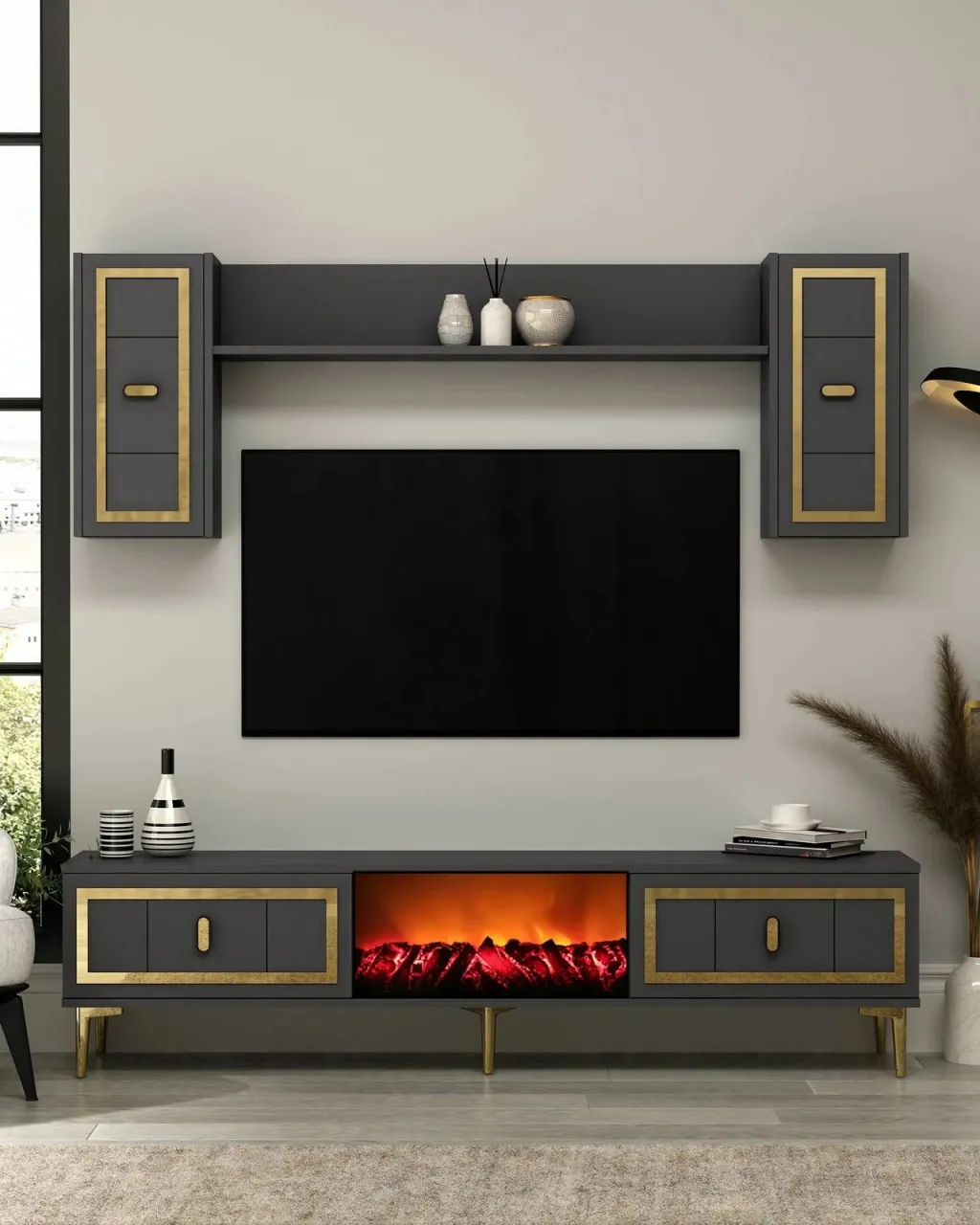 Komodë TV Skye Decor, me oxhak Orion, anthracite, ari - 1