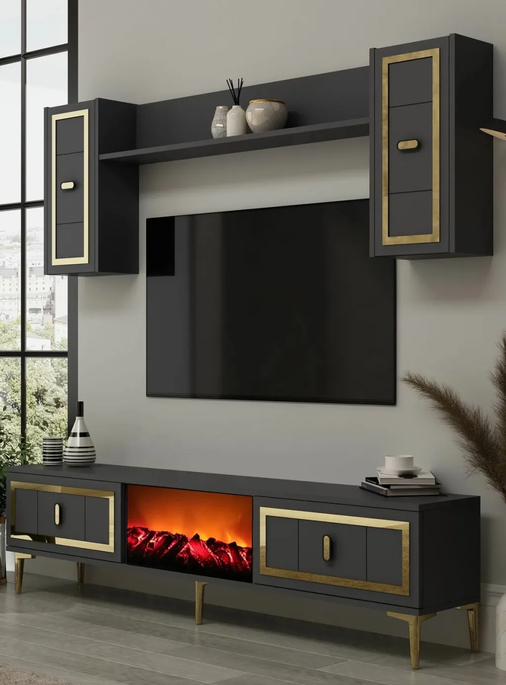 Komodë TV Skye Decor, me oxhak Orion, anthracite, ari - 2