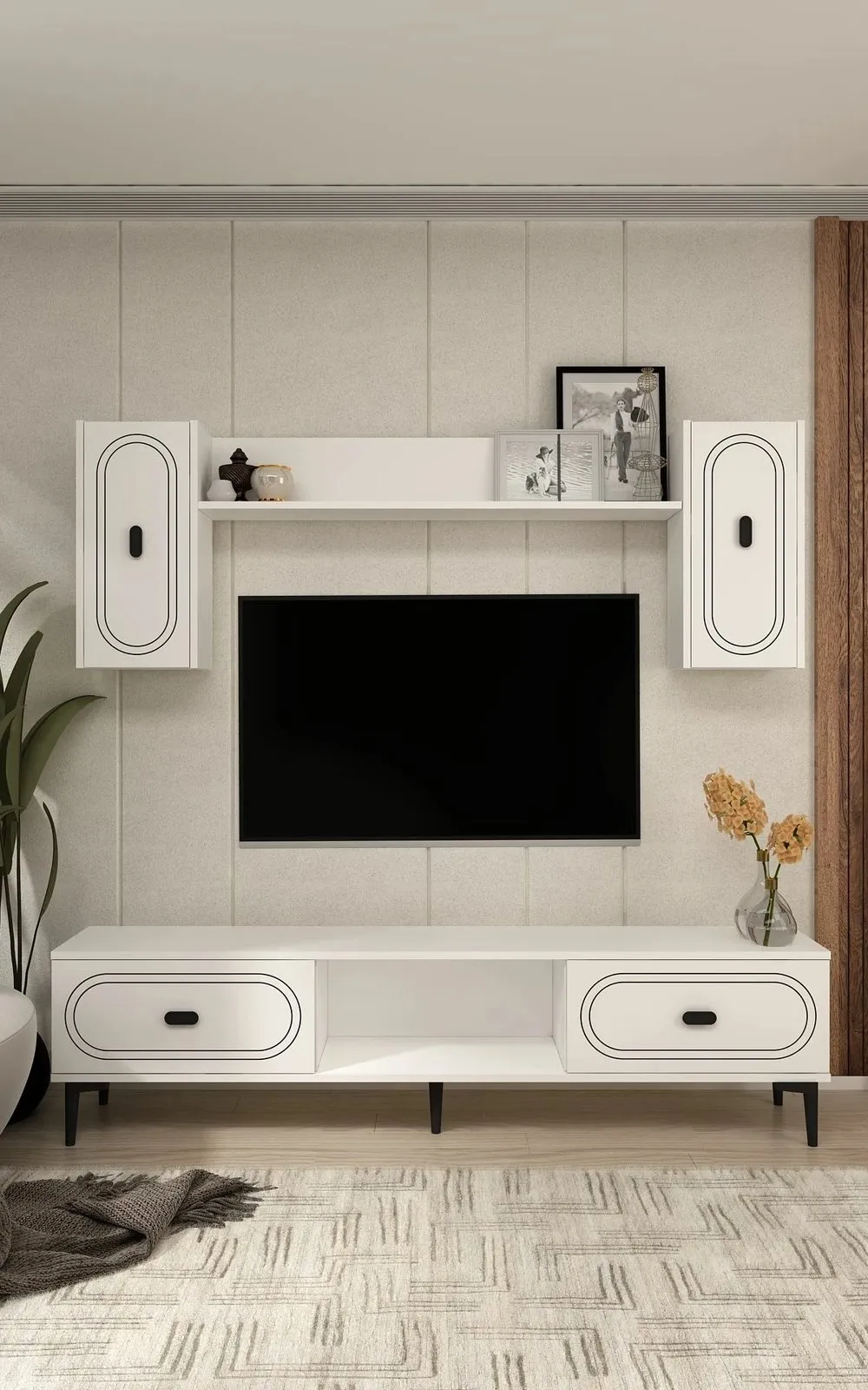 Komodë TV Skye Decor, e bardhë, me rafte dhe dollapë - 1