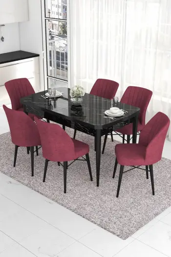 Tavolinë me karrige, zgjatshme, 7 copë, ngjyrë mermeri të zi, karrige burgundy, Skye Decor Eva