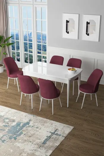 Tavolinë me karrige, zgjatshme, 7 copë, Skye Decor, Zen, e bardhë dhe burgundy