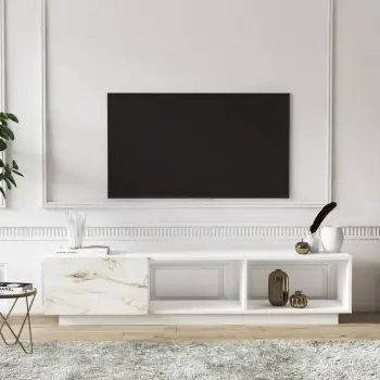 Komodë për TV, Skye Decor, ngjyrë e bardhë, detaje mermeri, Lepando