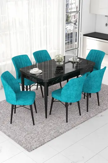 Tavolinë me karrige, zgjatshme, 7 copë, Skye Decor, ngjyrë mermeri të zi, tyrkiz