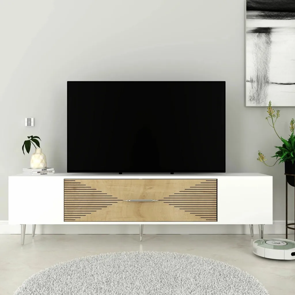 Komodë TV Skye Decor, Dekol1, e bardhë, lis safir, argjend - 1