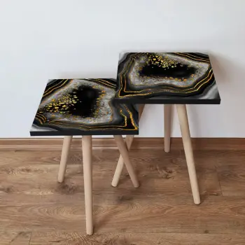 Set tavolina të mbivendosura Skye Decor, 2 copë, 2Shp76, ngjyrë e bardhë, e zezë dhe ari