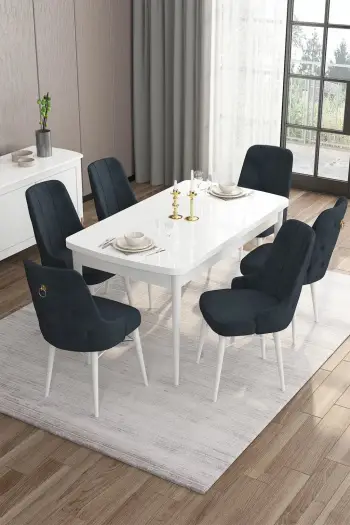 Set tavolinë me karrige për ngrënie, zgjatshme, 7 copë, Skye Decor, e bardhë dhe antracit