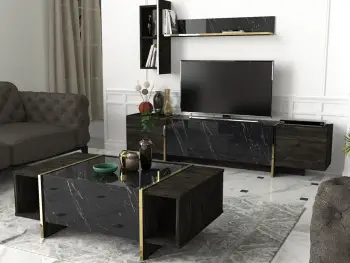 Set mobiljesh për dhomë dite, Skye Decor, Veyron Set 1, ngjyrë e zezë dhe ari