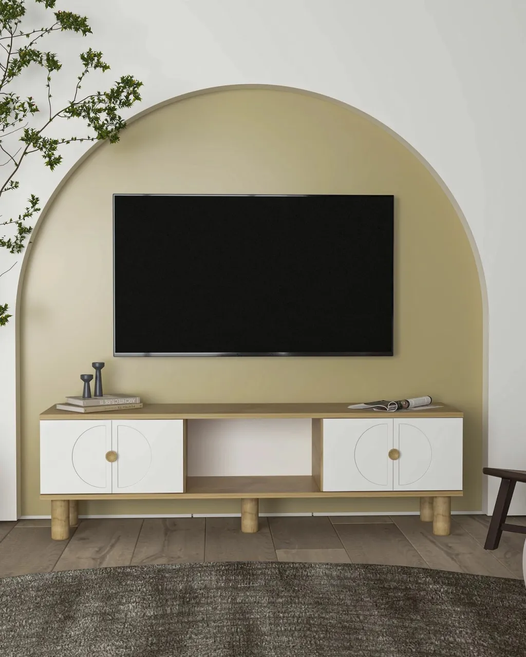 Komodë TV Skye Decor, ngjyrë lisi Sapphire, e bardhë - 1