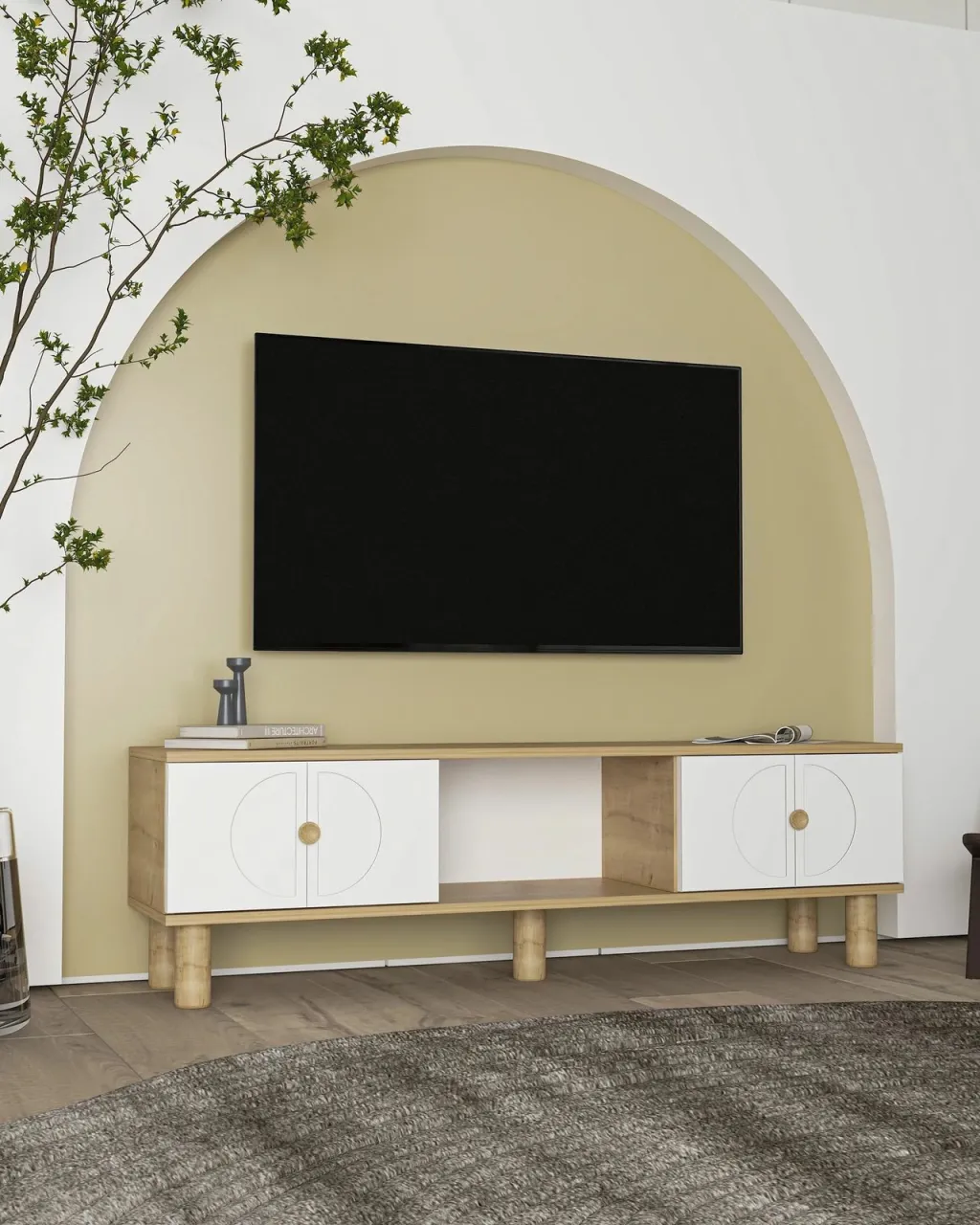 Komodë TV Skye Decor, ngjyrë lisi Sapphire, e bardhë - 2