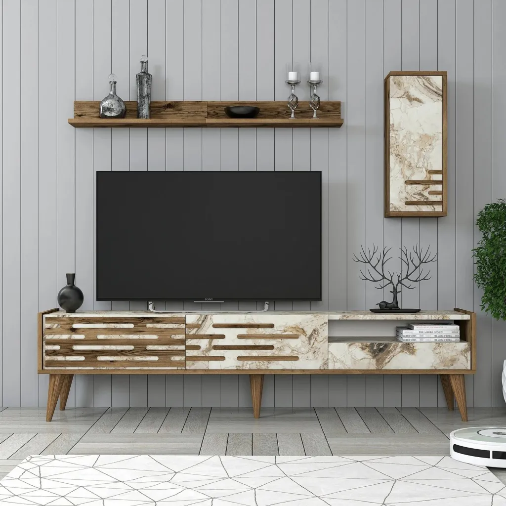 Njësi TV, ngjyrë arre, e bardhë, mermer, Valensiya, Skye Decor - 1