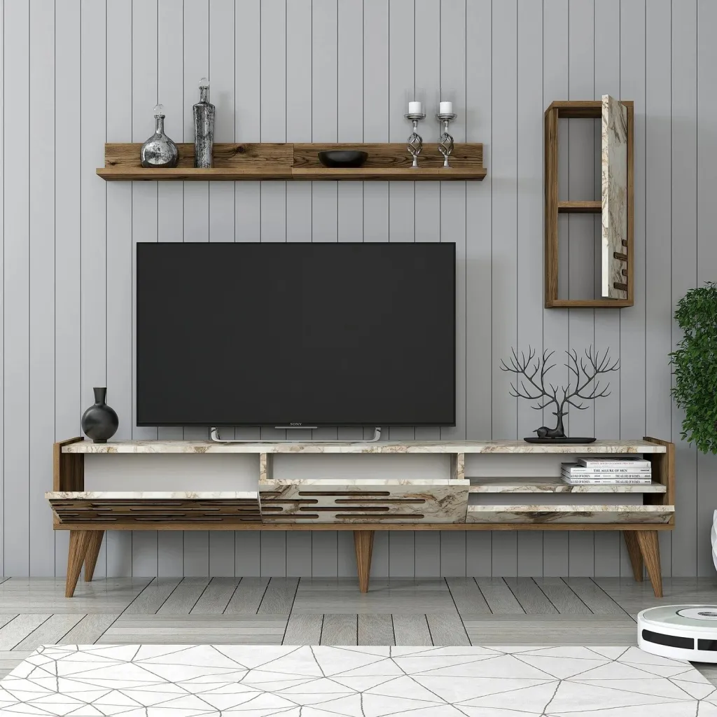 Njësi TV, ngjyrë arre, e bardhë, mermer, Valensiya, Skye Decor - 2