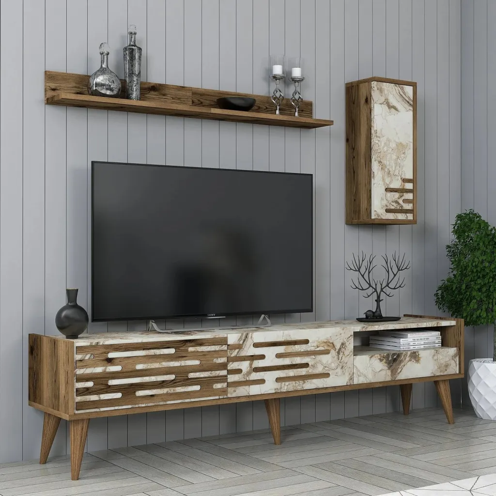Njësi TV, ngjyrë arre, e bardhë, mermer, Valensiya, Skye Decor - 3