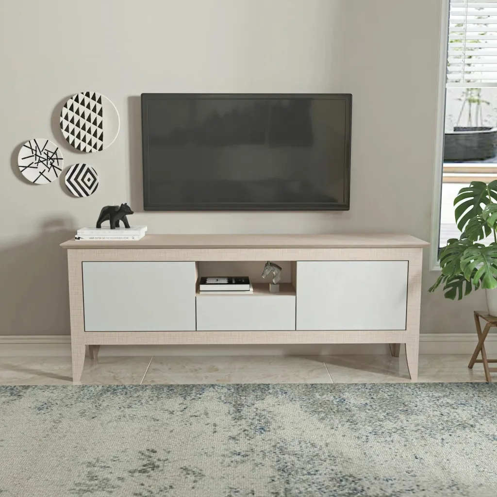 Komodë TV moderne Skye Decor, ngjyrë bezhë dhe e bardhë - 1