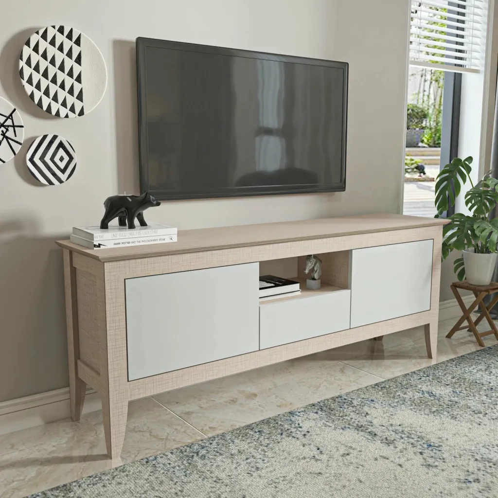 Komodë TV moderne Skye Decor, ngjyrë bezhë dhe e bardhë - 2