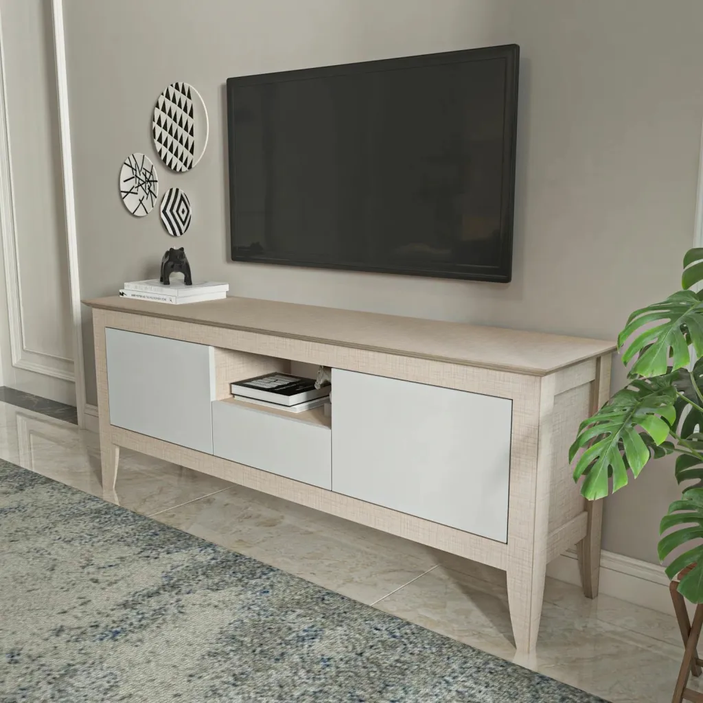 Komodë TV moderne Skye Decor, ngjyrë bezhë dhe e bardhë - 3