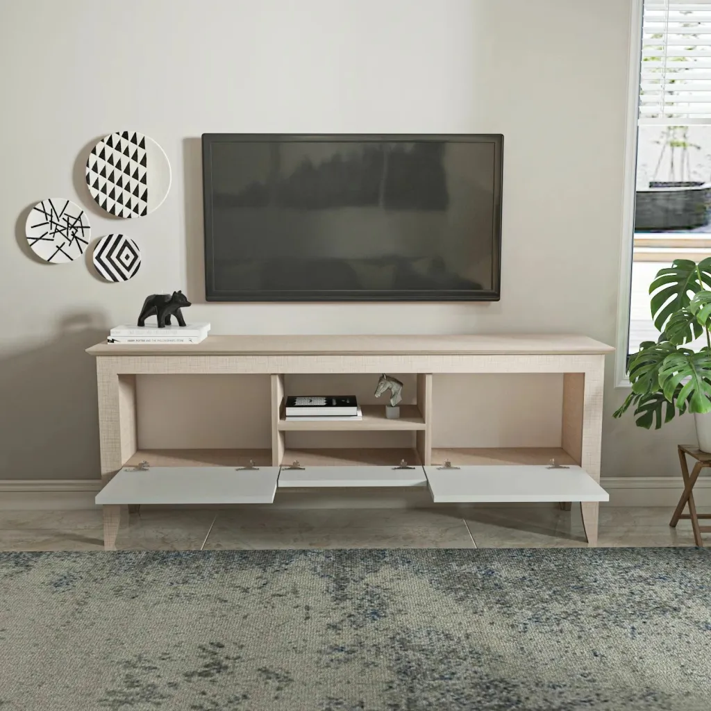 Komodë TV moderne Skye Decor, ngjyrë bezhë dhe e bardhë - 4