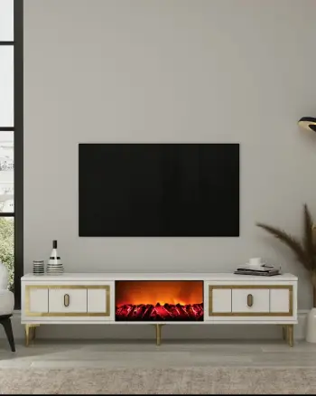 Komodë TV Skye Decor, me oxhak Orion, e bardhë dhe e artë