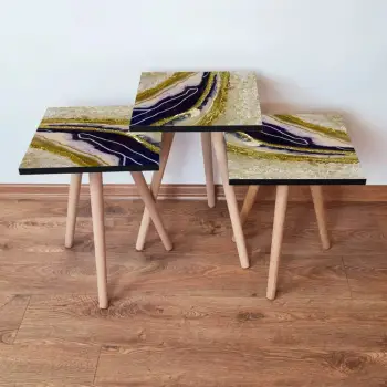 Set tavolinash ndihmëse, 3 copë, Skye Decor, 3Shp114, ngjyrë kaltër e errët, ar dhe të bardhë