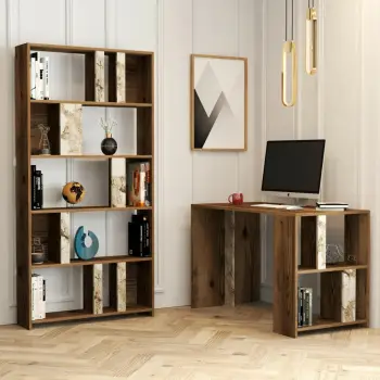 Tavolinë studimi me raft librash Skye Decor, ngjyrë arre, mermer i bardhë