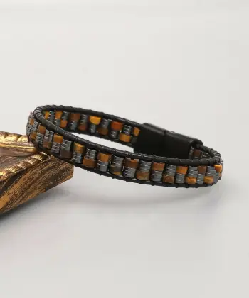Byzylyk Jumeon, Tiger Eye, Hematit, lëkurë, kafe/zi, YRABL2056, 21cm