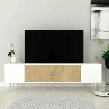Komodë TV, ngjyrë lis safir, e bardhë, argjend, Dekol2
