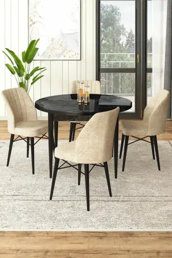 Tavolinë me karrige, 5 copë, Skye Decor Rox, mermer i zi, krem