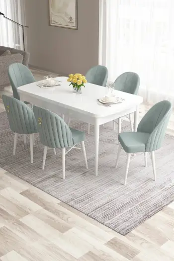 Set tavoline me karrige për ngrënie, e zgjatshme, 7 pjesë, Skye Decor, e bardhë - jeshile deti